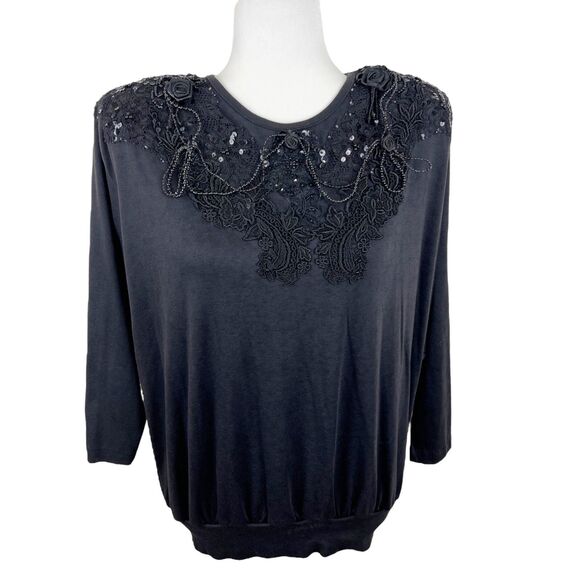 De Giorgio Los Angeles Blouse Women Extra Large Black Embellished Beaded Top - Picture 1 of 16
